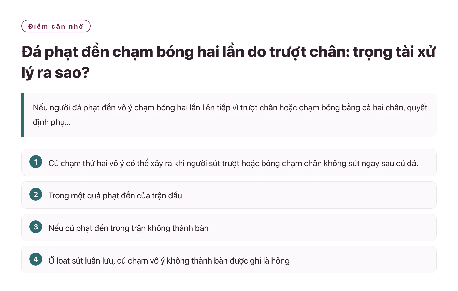 Đá phạt đền chạm bóng hai lần do trượt chân: trọng tài xử lý ra sao?——全文要点速览