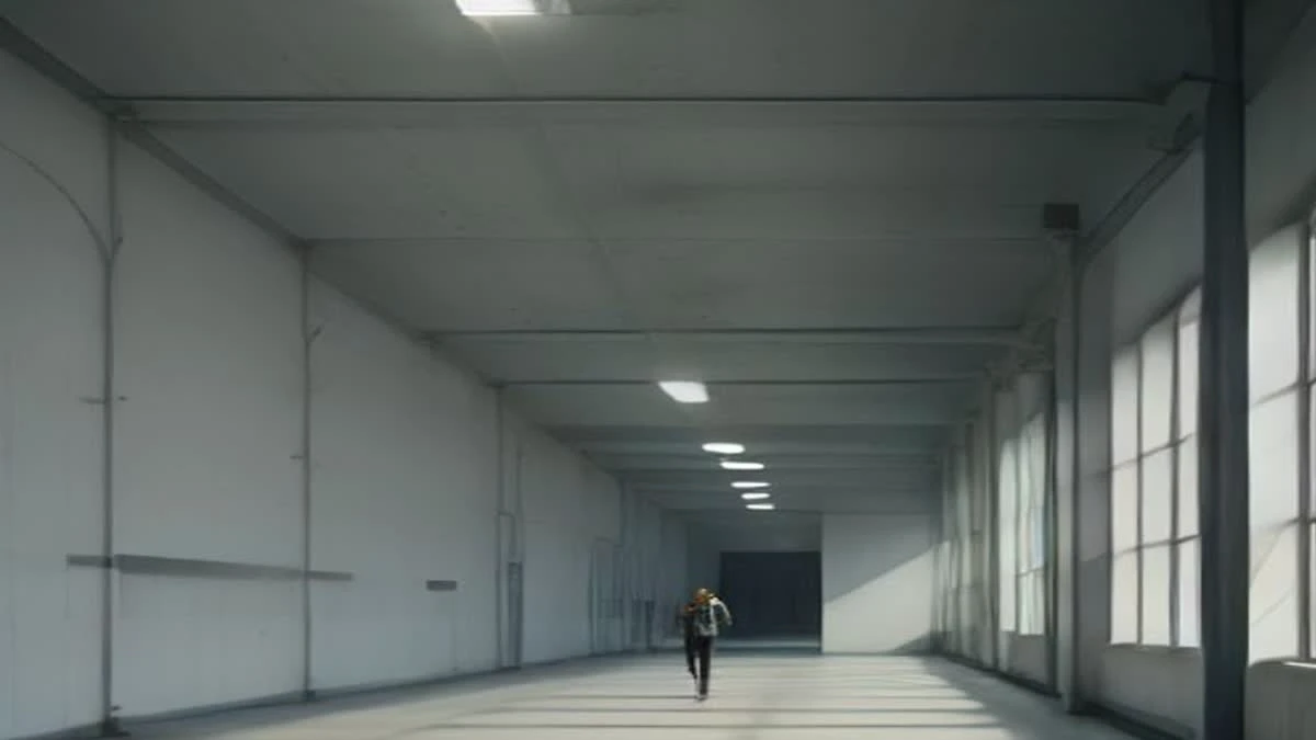 A bright industrial hall with engineers walking between rows of computing hardware, daylight through tall windows